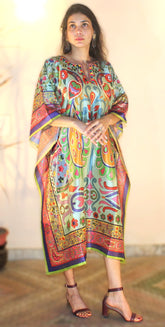 Soft green colorful peacock print silk blend kaftan
